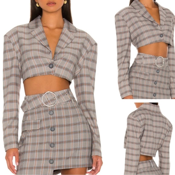 For Love and Lemons Kym Crop Blazer Grey Plaid NWT - Picture 5 of 13